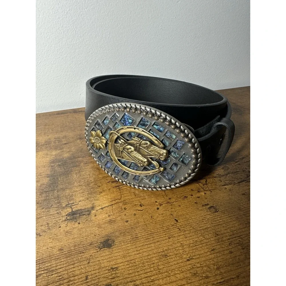 Western Horse Head Buckle Black Genuine Leather Belt M (33-35) Interchangeable